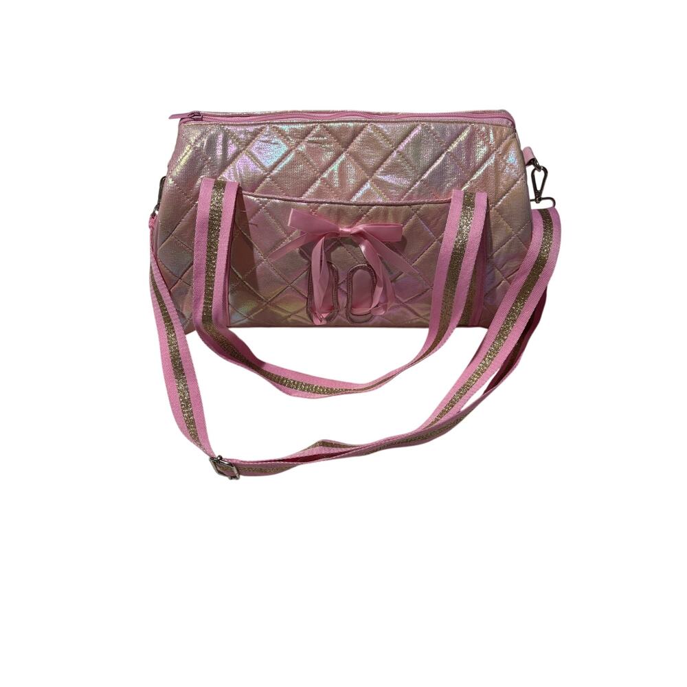 Pink shimmer metallic overnight duffle bag w/shoulder strap ballerina motif nwot